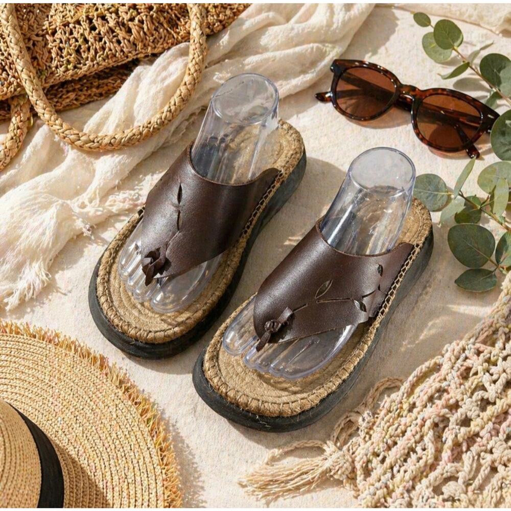 Vtg Y2K Platform Sandals Women‎ 8.5 Brown Leather Espadrille Boho Chunky Summer